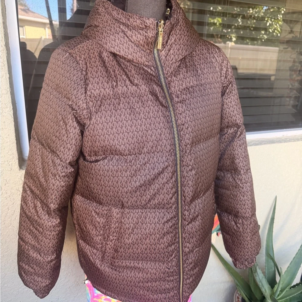 Michael Kors MK Monogram Dark Brown Reversible Puffer Jacket With Gold Hardware